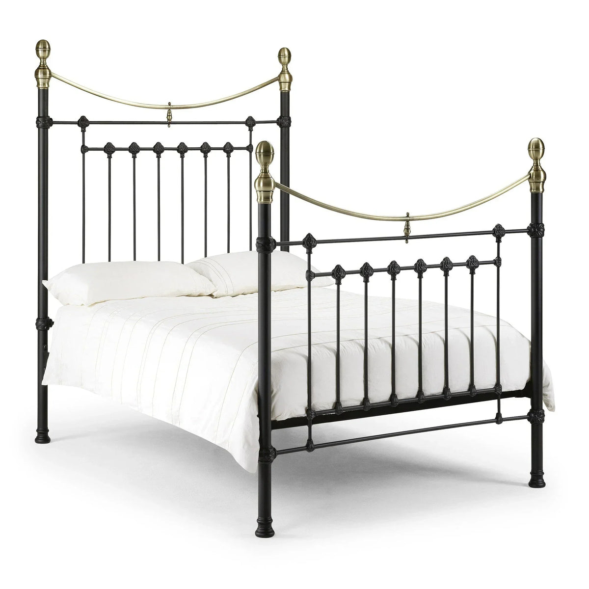 Black metal king bed frame with brass accents and white bedding