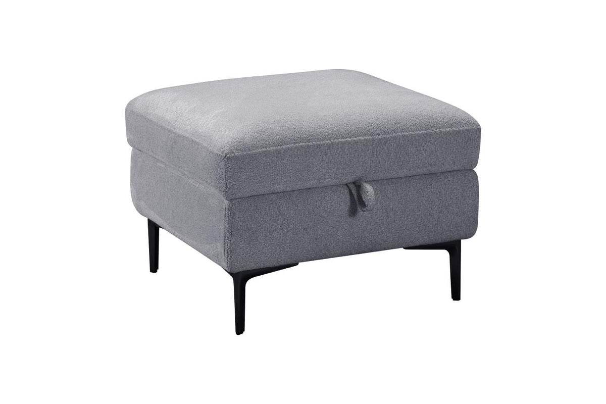 A square gray upholstered ottoman with black tapered legs and a small hanging pull handle on the front, shown on a plain white background.