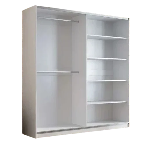 White wardrobe interior with hanging rails and multiple storage shelves