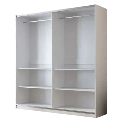White wardrobe interior with two hanging rails and four shelves, open front view