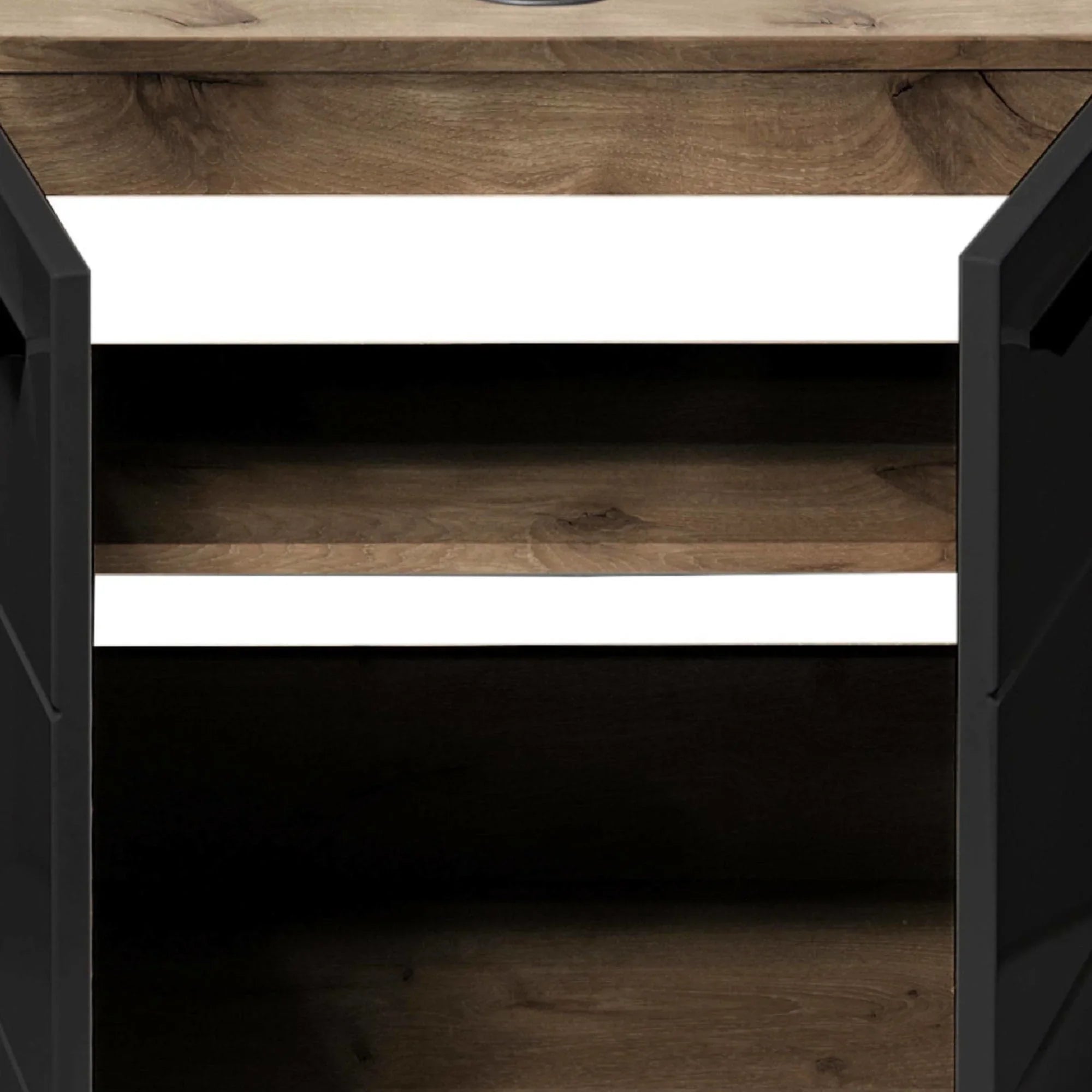 Wooden storage cabinet with black doors open, showing two interior shelves