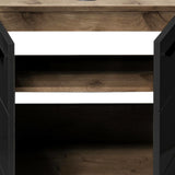 Wooden storage cabinet with black doors open, showing two interior shelves