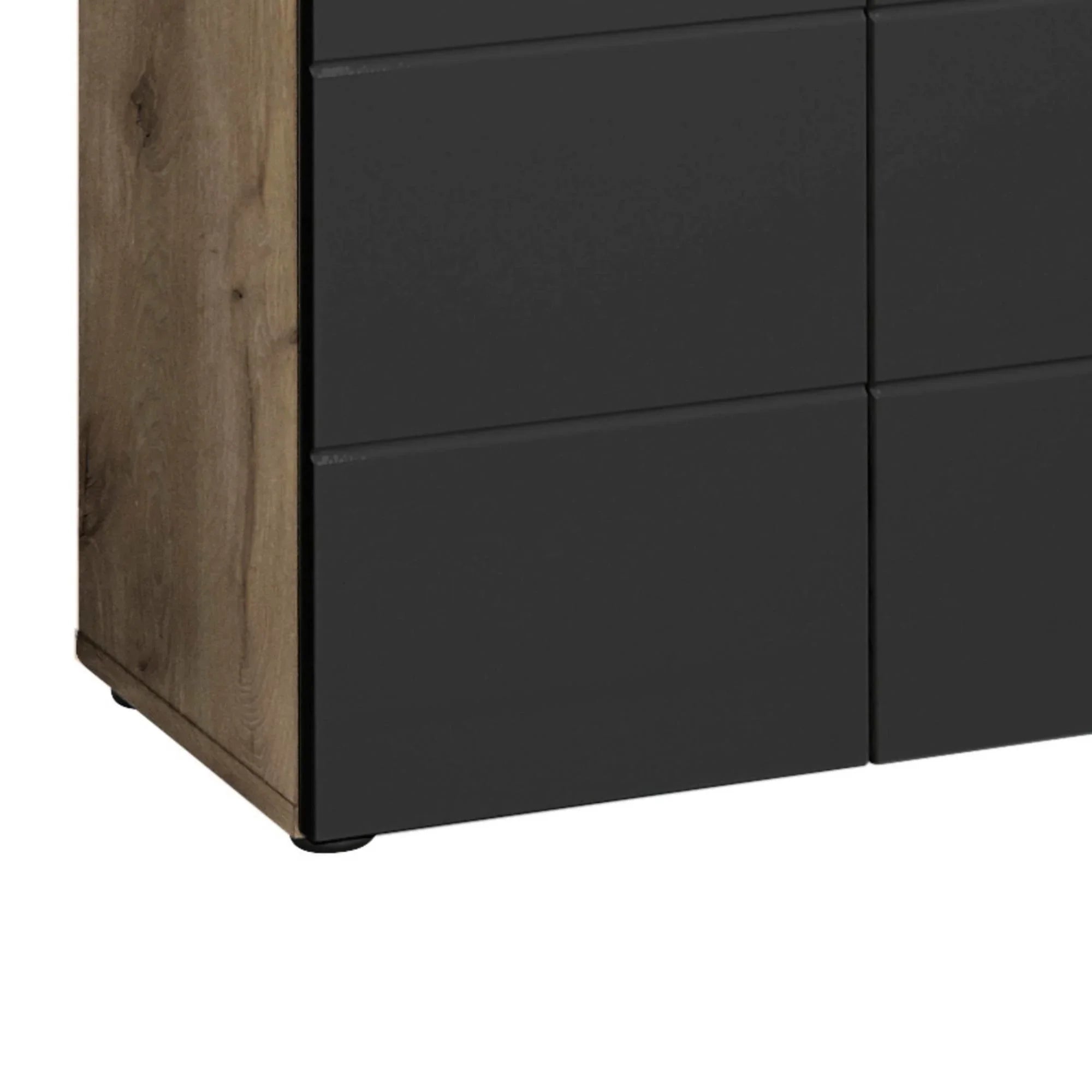 Black drawer chest with oak wood side panel, modern matte finish, corner view