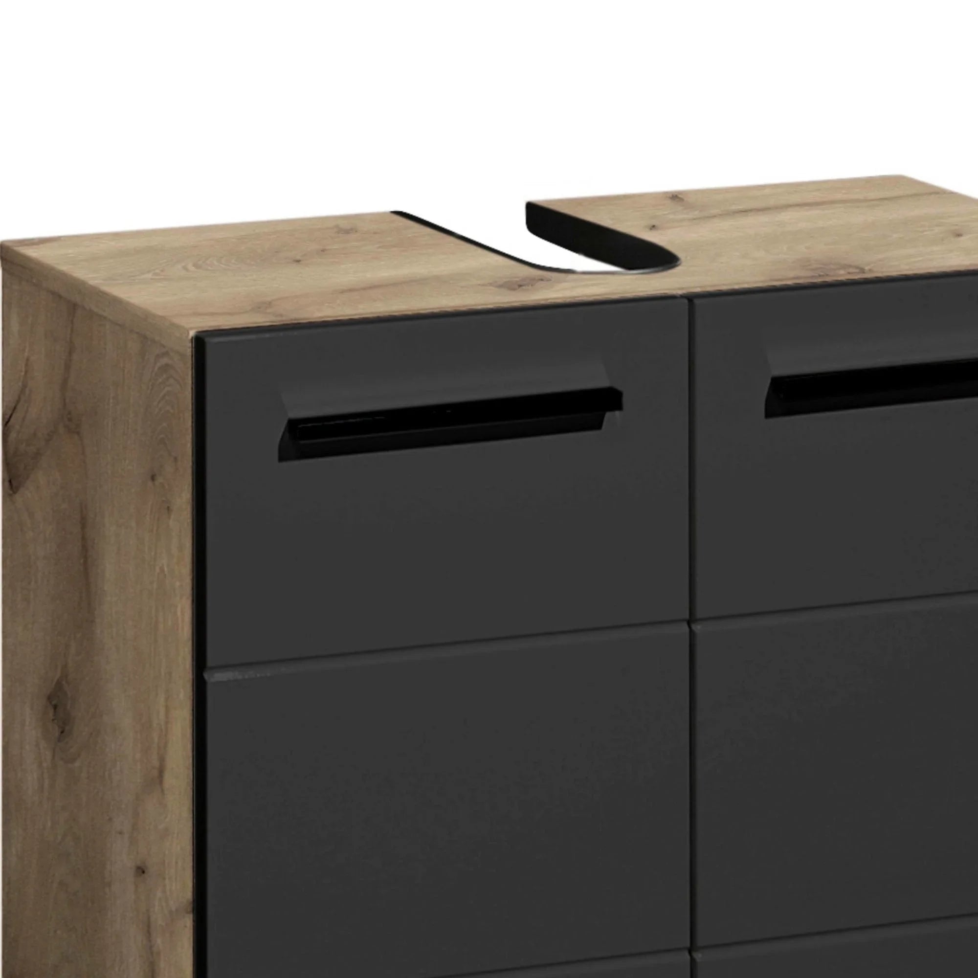 Black and oak bathroom vanity unit with cut-out top for sink installation