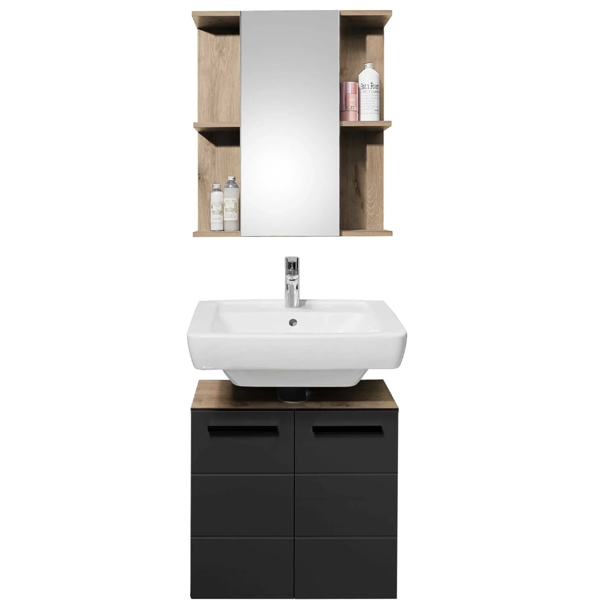 Bathroom vanity unit with white sink, oak shelves, mirror cabinet, and black drawers