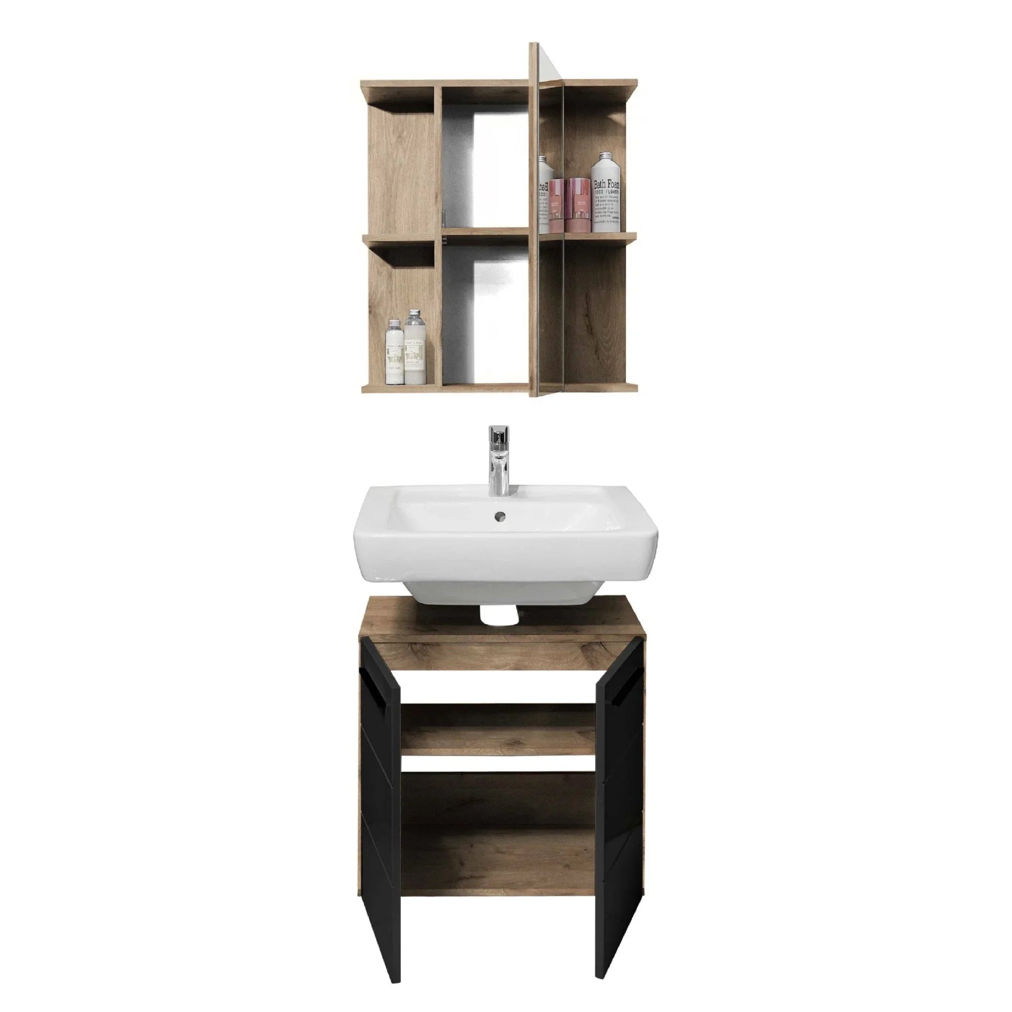Modern bathroom vanity unit with white basin, oak storage, black doors, and matching wall cabinet