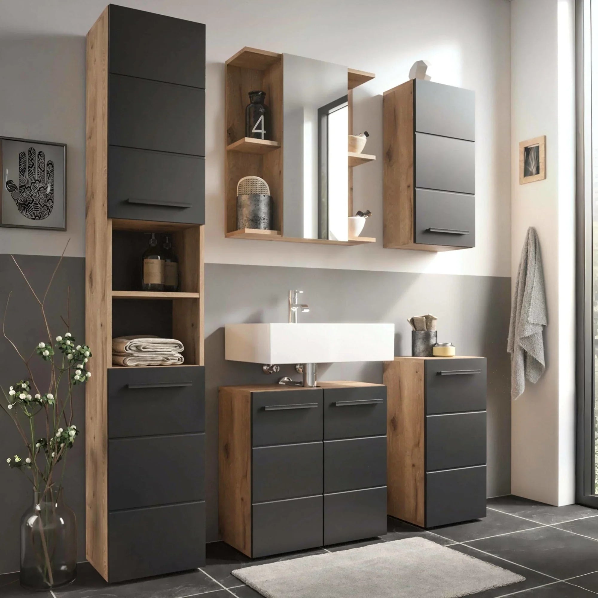 Modern bathroom furniture set with oak and matte black cabinets and wall storage units