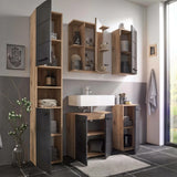 Modern bathroom furniture set with oak and matte black cabinets, wall units and sink vanity