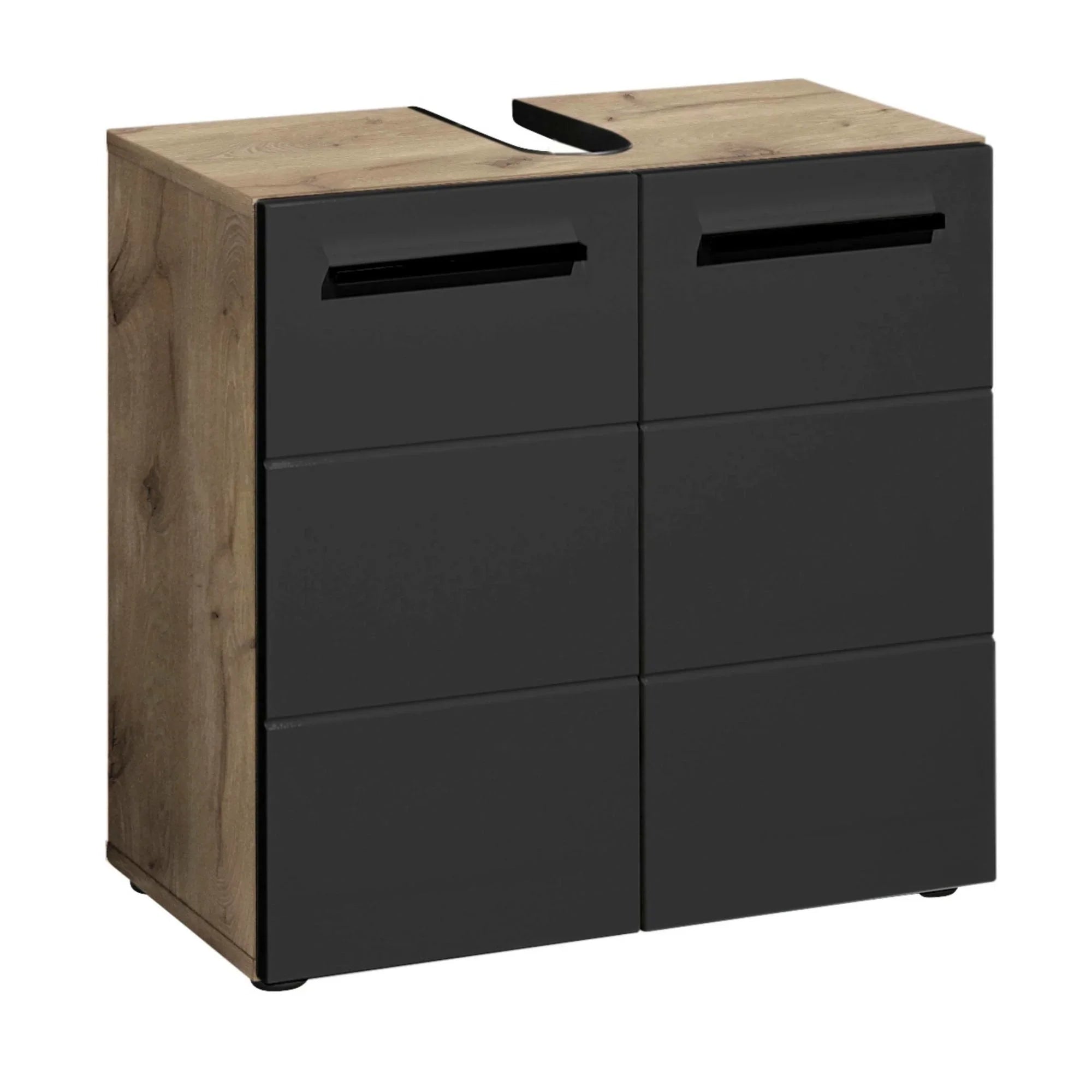 Black and oak bathroom vanity unit with six drawers and cut-out top for sink installation