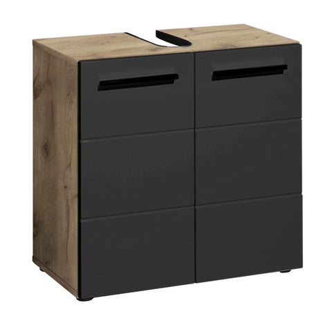 Black and oak bathroom vanity unit with six drawers and cut-out top for sink installation