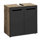 Black and oak bathroom vanity unit with six drawers and cut-out top for sink installation