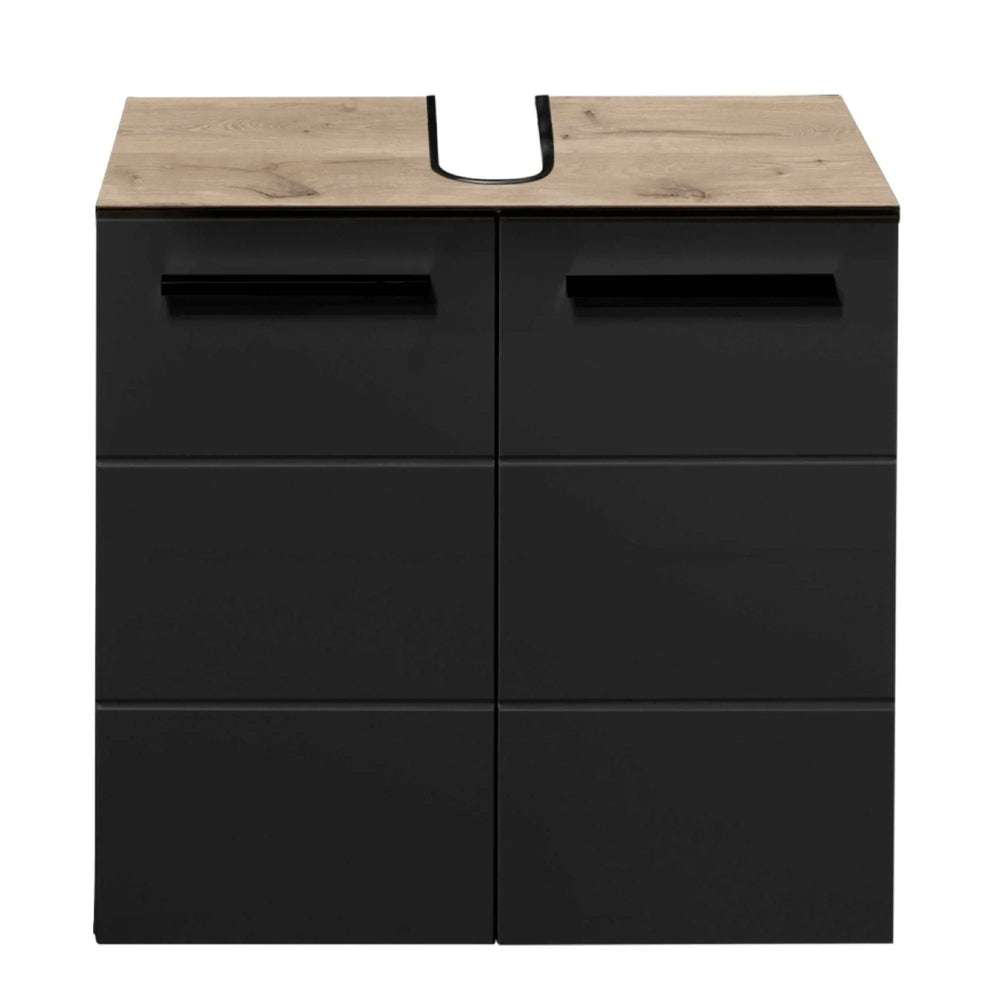 Modern black vanity unit with wood-effect top and U-shaped cutout for basin