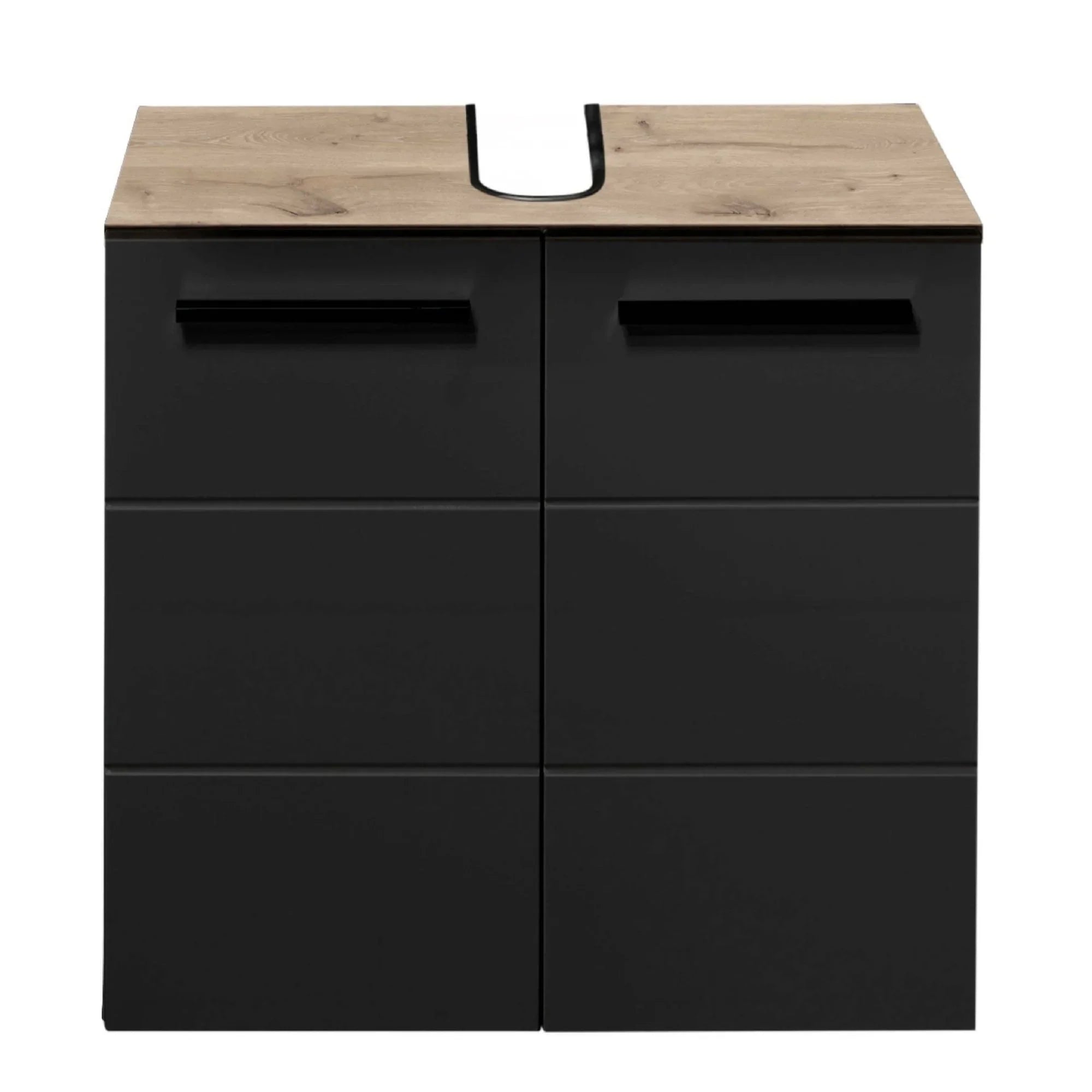 Modern black vanity unit with wood-effect top and U-shaped cutout for basin