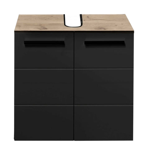 Modern black vanity unit with wood-effect top and U-shaped cutout for basin
