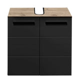 Modern black vanity unit with wood-effect top and U-shaped cutout for basin