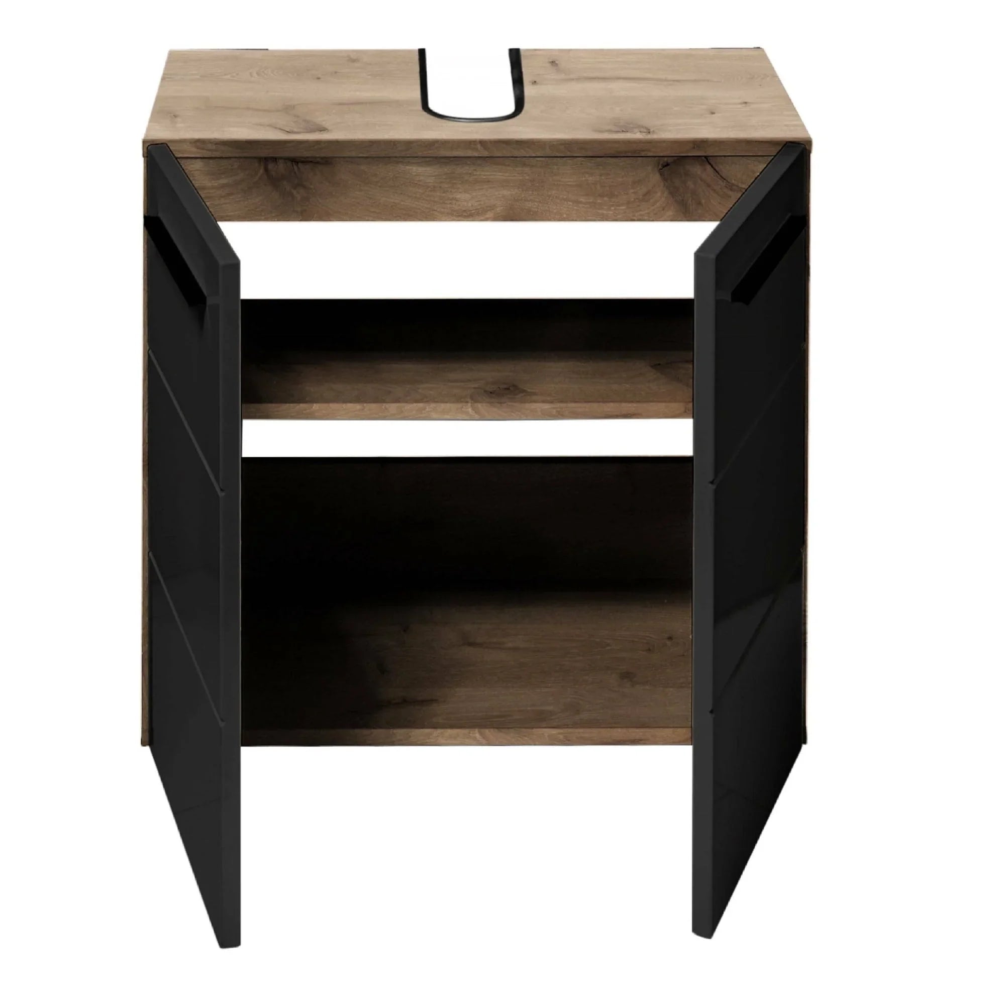 Wood and black bathroom vanity unit with open doors and internal shelf front view