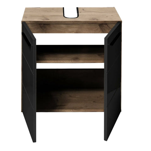 Wood and black bathroom vanity unit with open doors and internal shelf front view