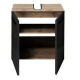 Wood and black bathroom vanity unit with open doors and internal shelf front view