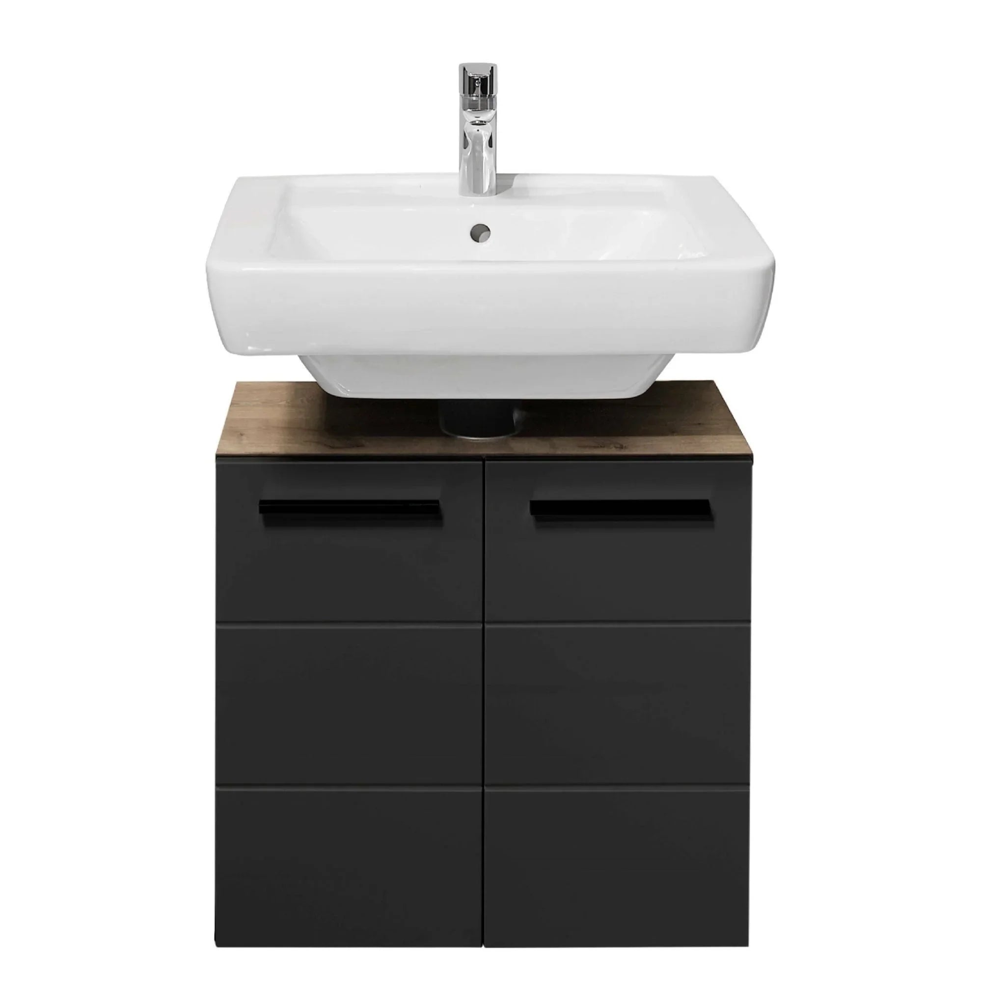 Modern sink unit with white ceramic basin and black storage cabinet, wood worktop detail