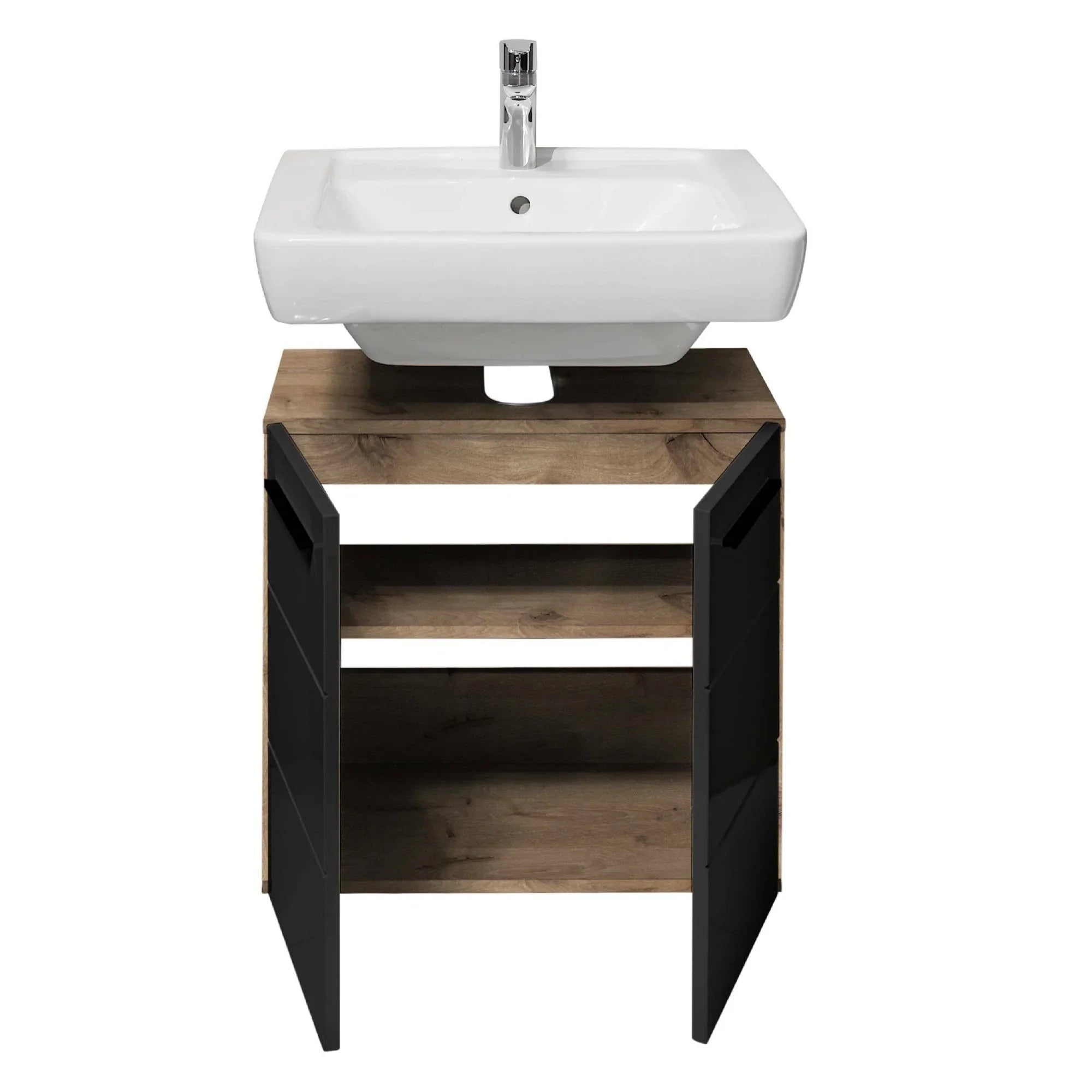 Bathroom vanity unit with wood finish, black doors, open shelving, and ceramic basin