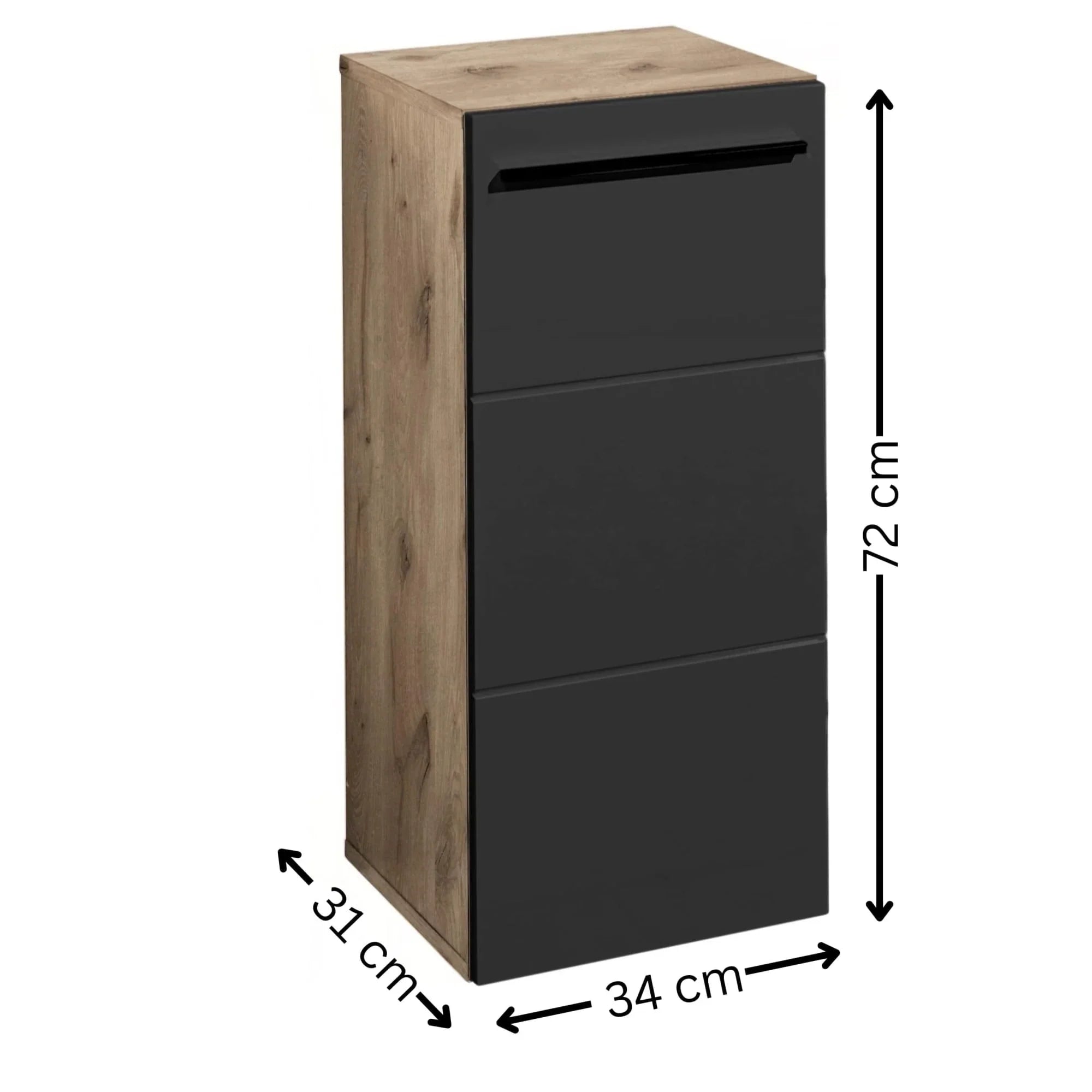 Black and oak effect shoe cabinet with three drawers, labelled dimensions 72x34x31cm