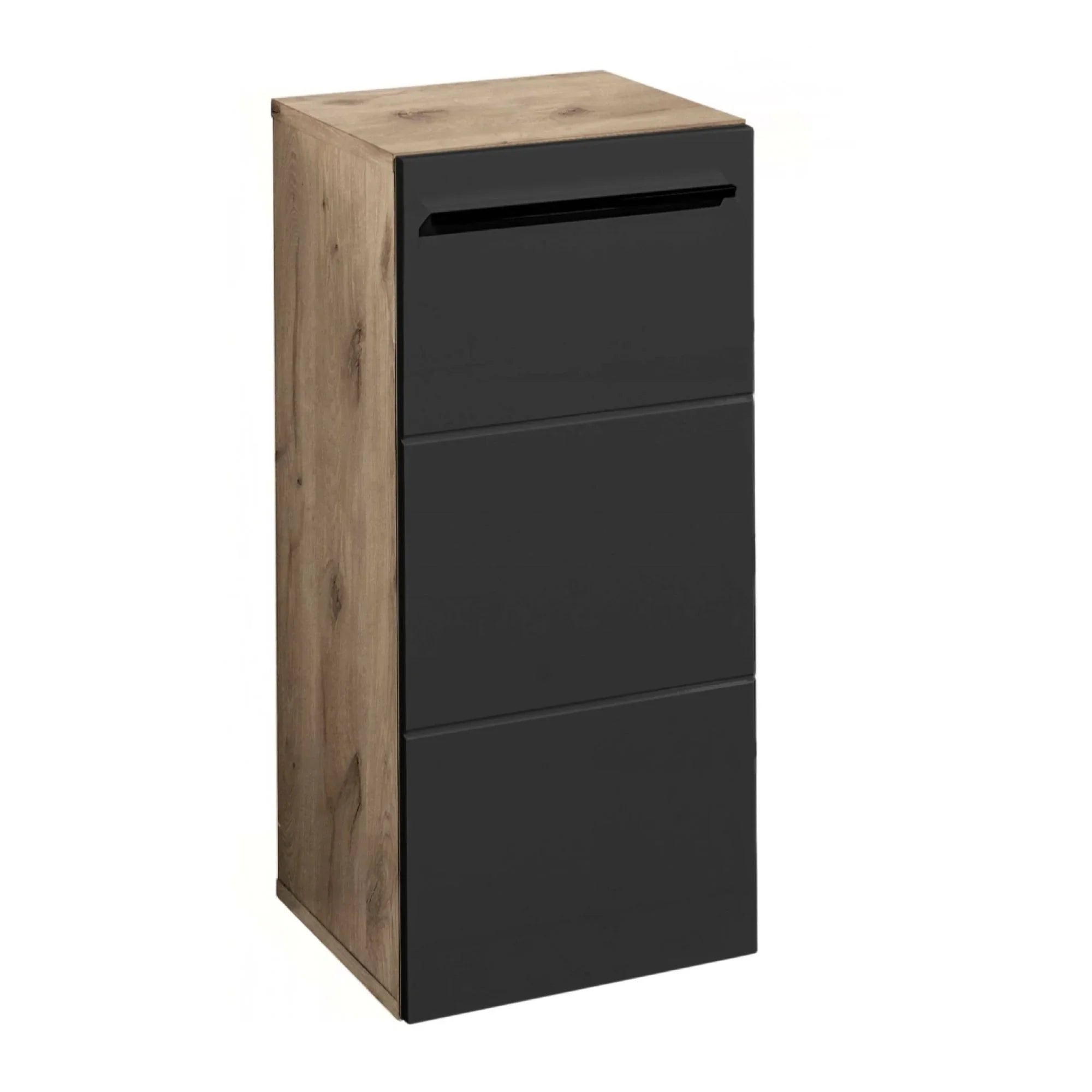 narrow oak and black shoe cabinet with three drop-down doors