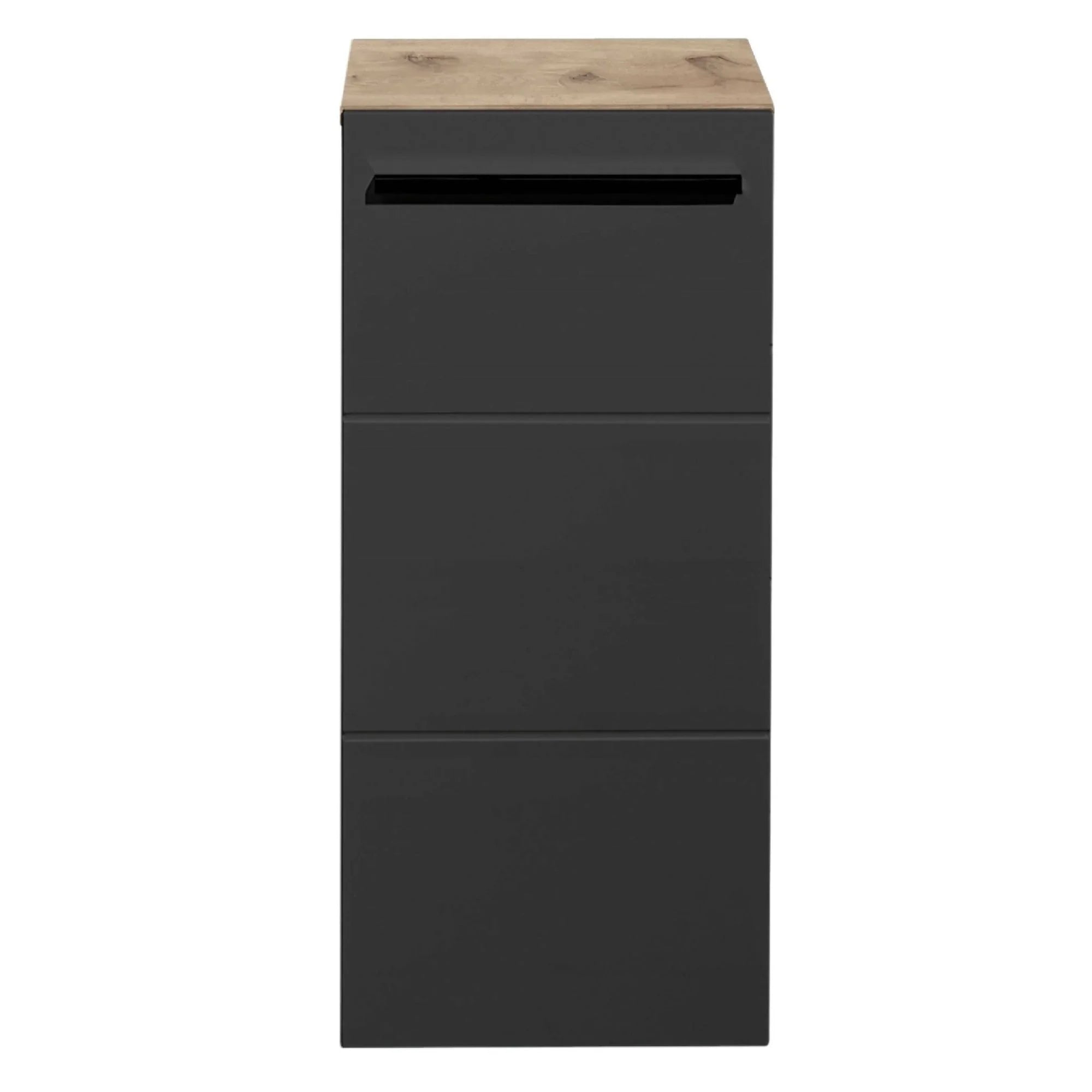 Black bedside cabinet with three drawers and oak-effect top, front view