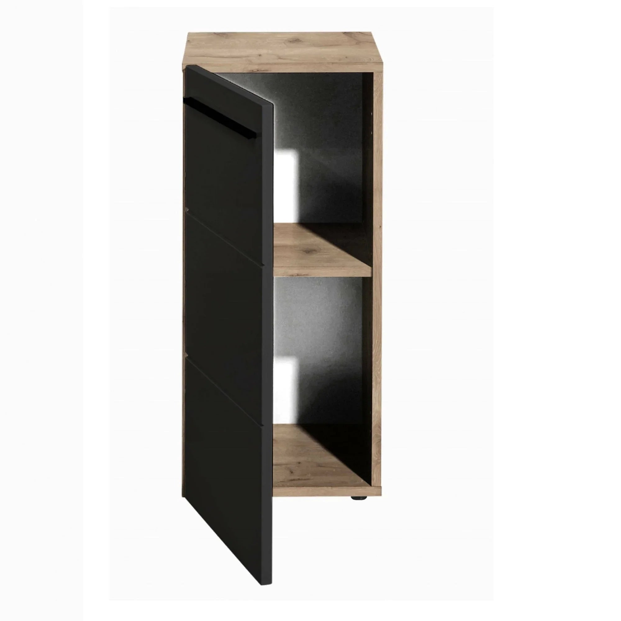 Tall narrow storage cabinet with wood finish, matte black door, and interior shelf