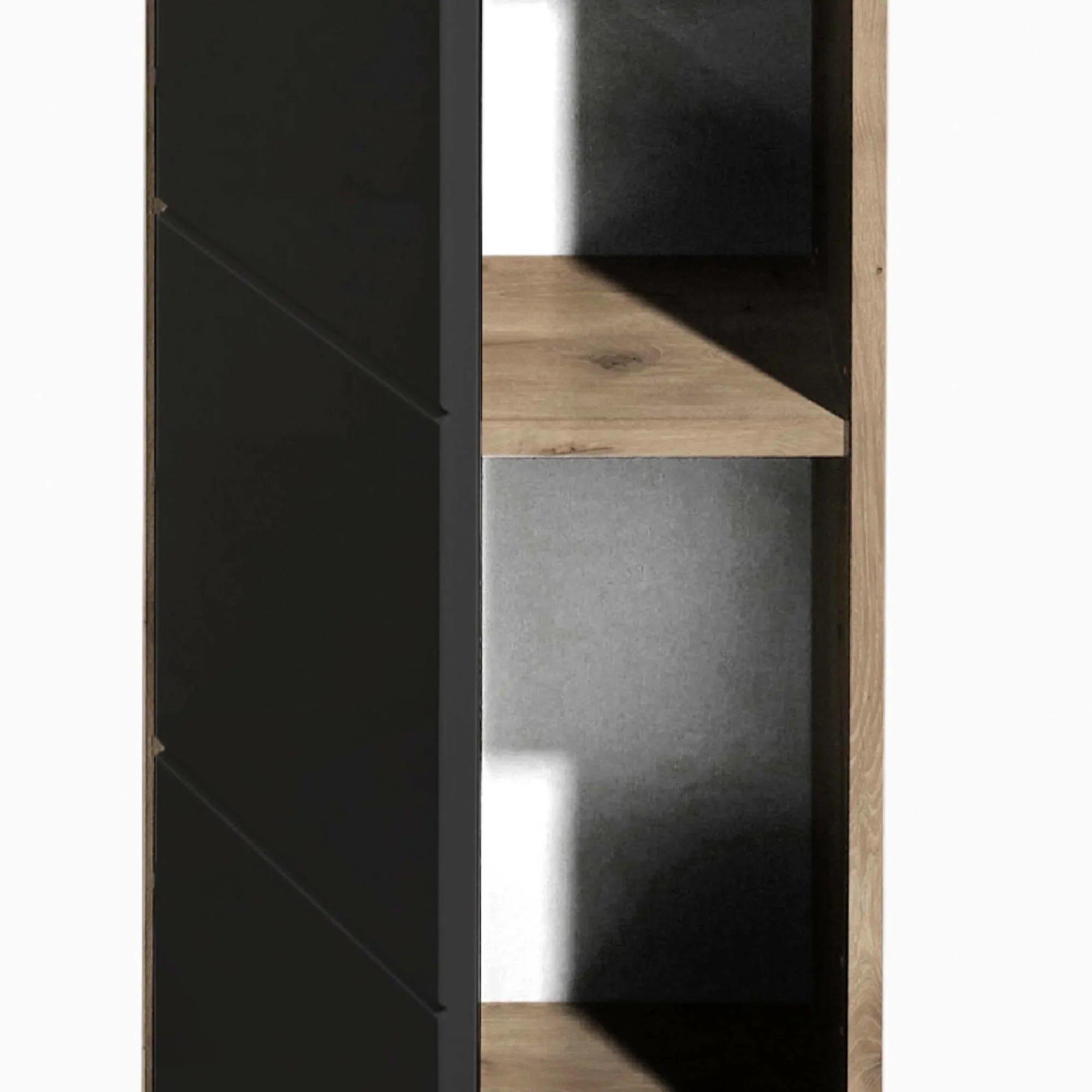 Tall shelving unit with black door and oak effect frame, showing open storage shelves