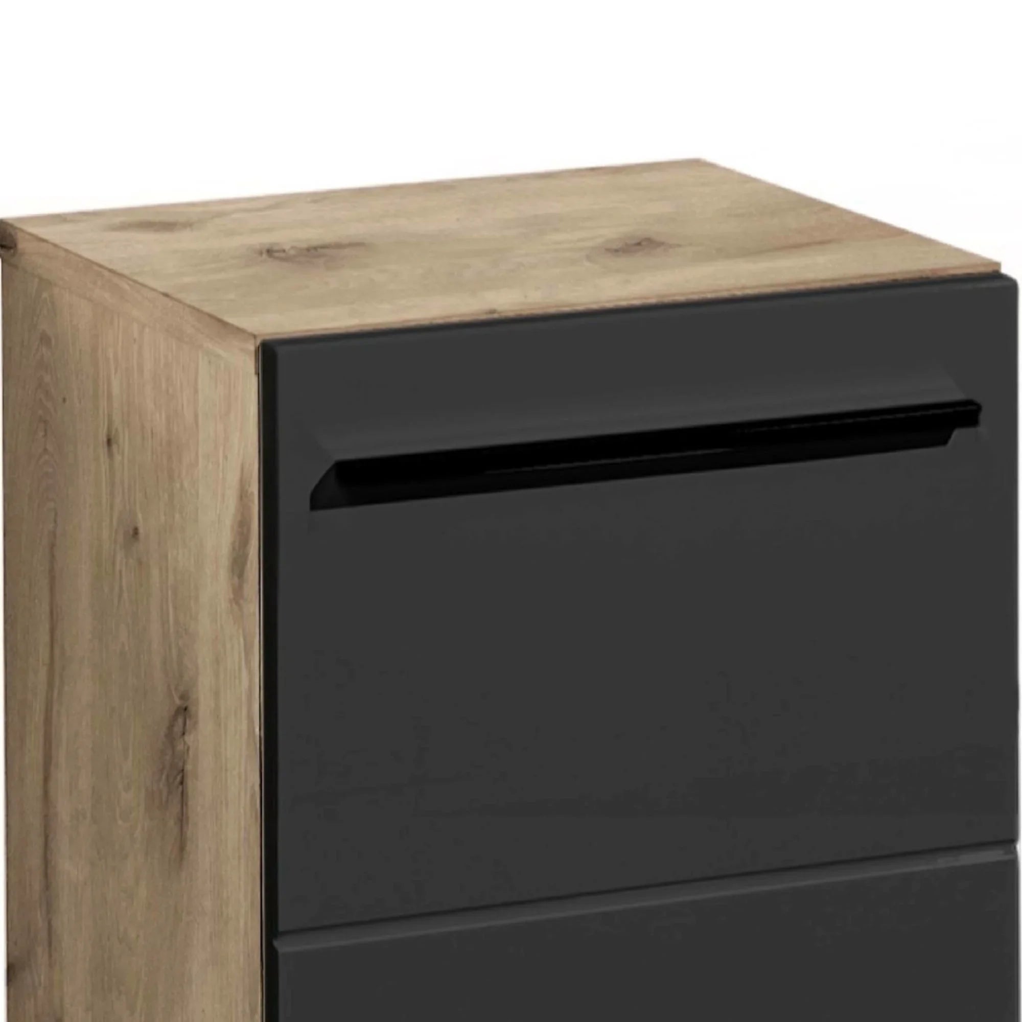Wood effect and black gloss bedside cabinet with modern handle detail