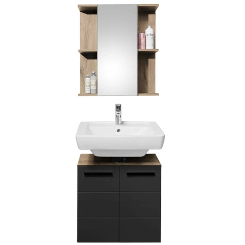 Modern bathroom vanity unit with black drawers, white sink and wall mirror cabinet