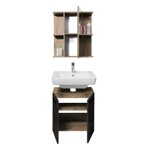 Modern bathroom vanity unit with open shelves, white basin, and wall mirror cabinet