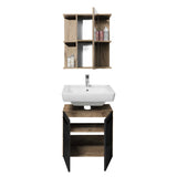 Modern bathroom vanity unit with open shelves, white basin, and wall mirror cabinet