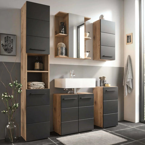 Modern bathroom furniture set with matte black and oak cabinets, wall units, and sink base
