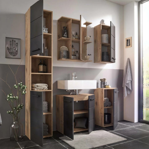 Oak and black bathroom furniture set with storage cabinets and vanity under basin