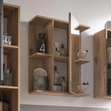 oak wall mounted bathroom cabinet with open shelves and decorative accessories
