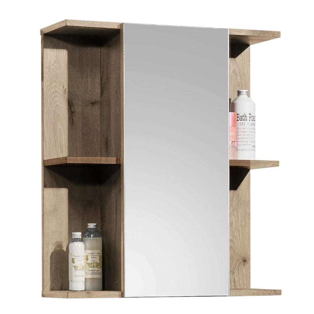 oak bathroom cabinet with mirrored door and open side shelves, toiletries displayed