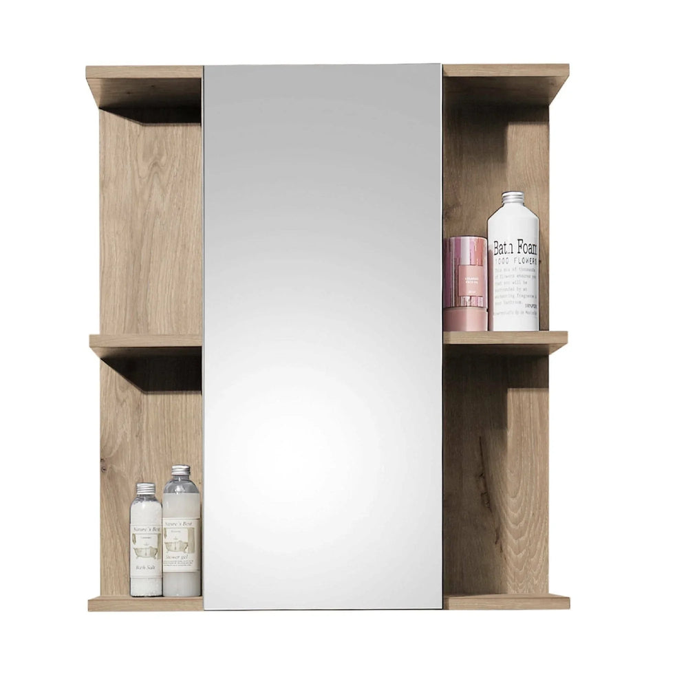 Oak effect bathroom mirror cabinet with open shelves and toiletries displayed