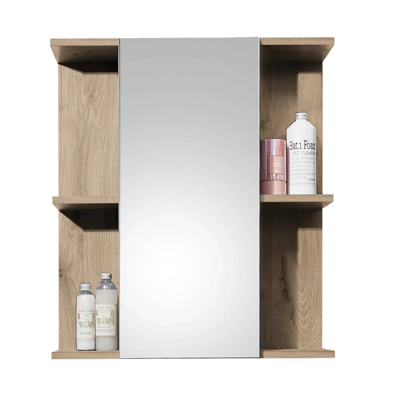Oak effect bathroom mirror cabinet with open shelves and toiletries displayed