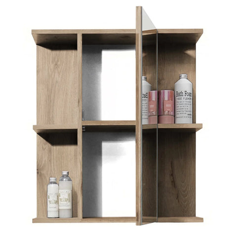 Oak effect bathroom cabinet with mirrored door, four open shelves, and bath products displayed