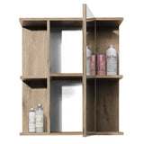 Oak effect bathroom cabinet with mirrored door, four open shelves, and bath products displayed