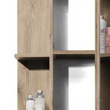 oak bathroom cabinet with mirror door and open shelving displaying bottles