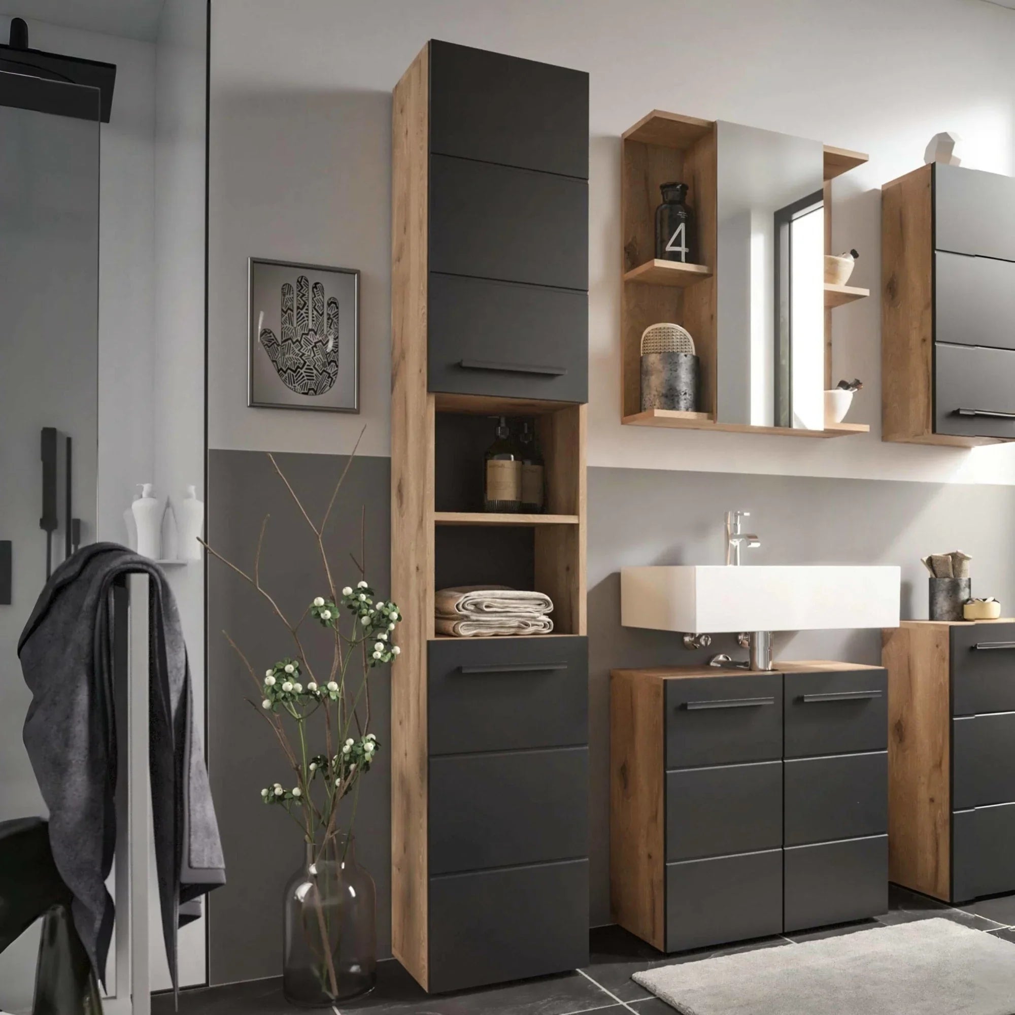 Tall oak and matte black bathroom storage cabinet with open shelves and closed drawers