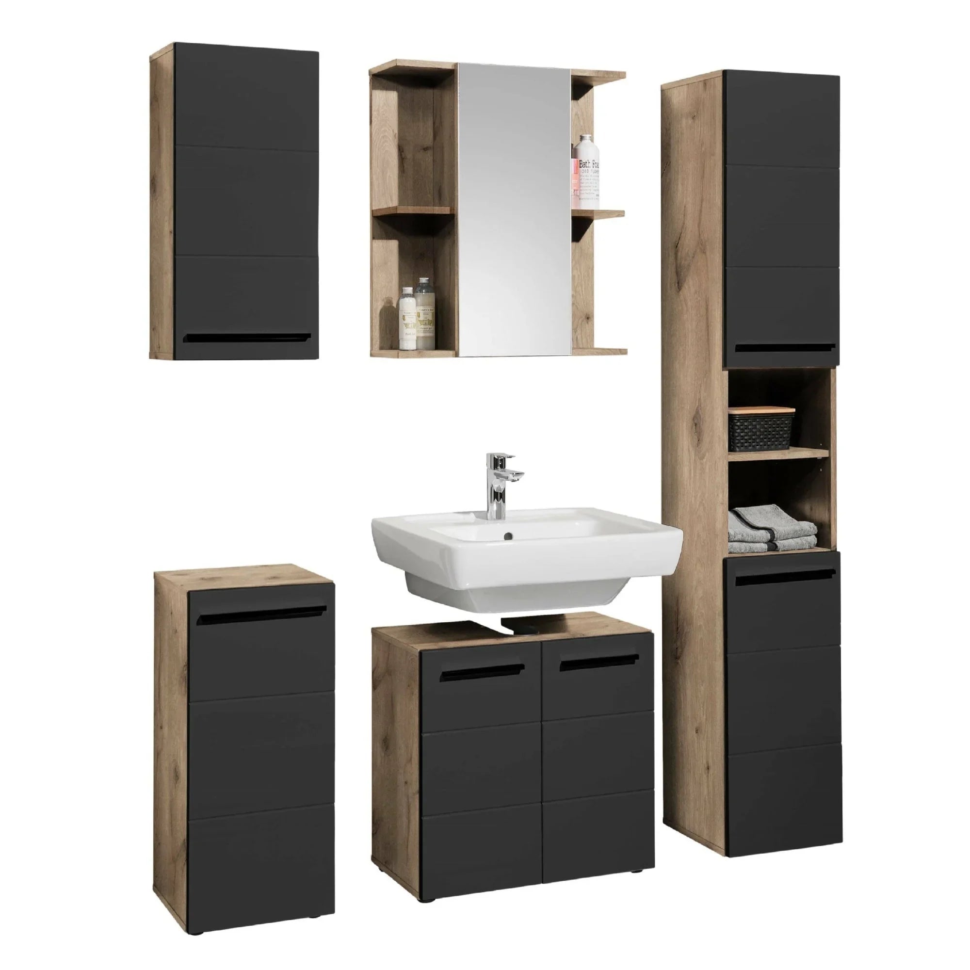Black and wood bathroom furniture set with wall cabinets, vanity unit, and storage shelves