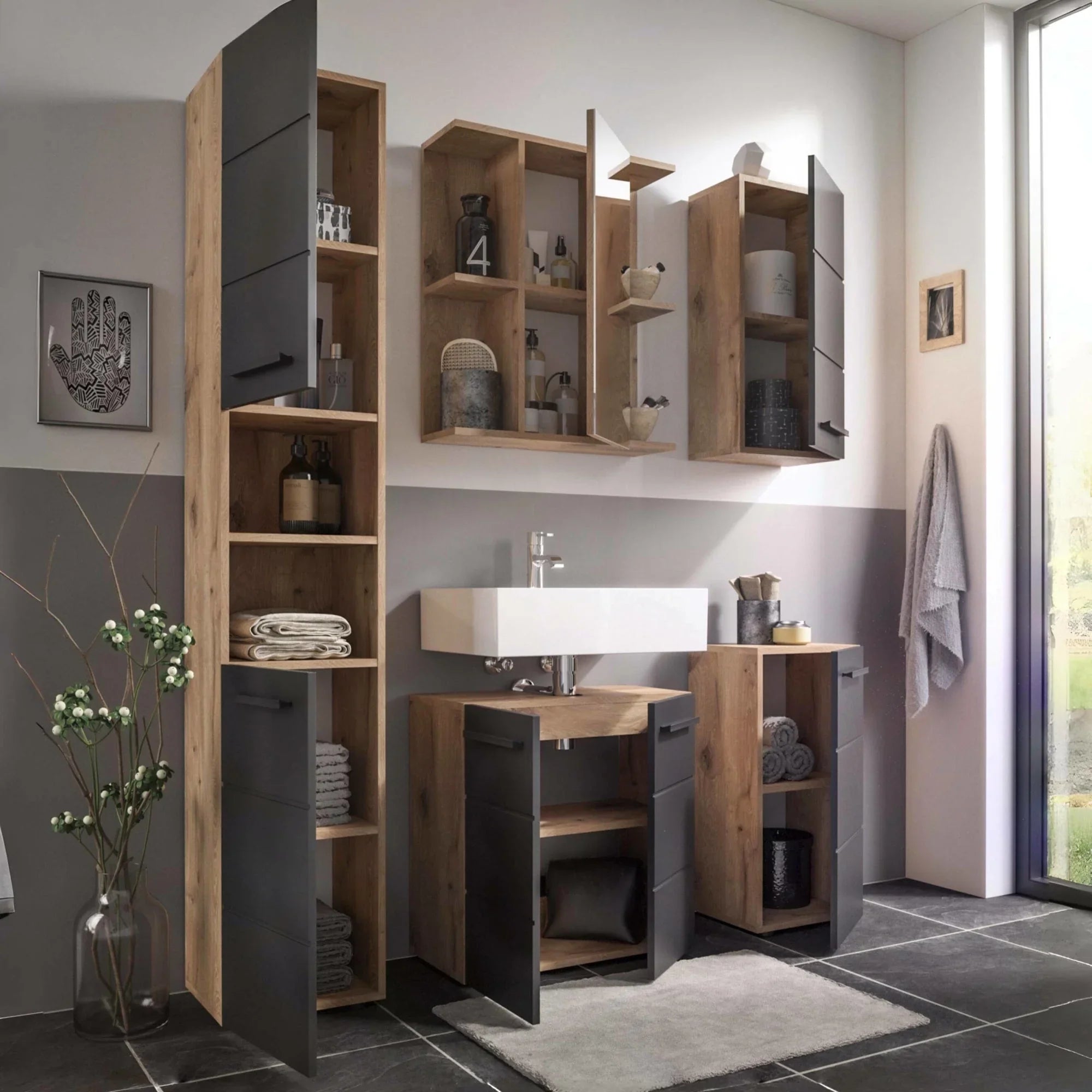 Modern bathroom furniture set with oak and matte black cabinets, open shelving, and sink unit