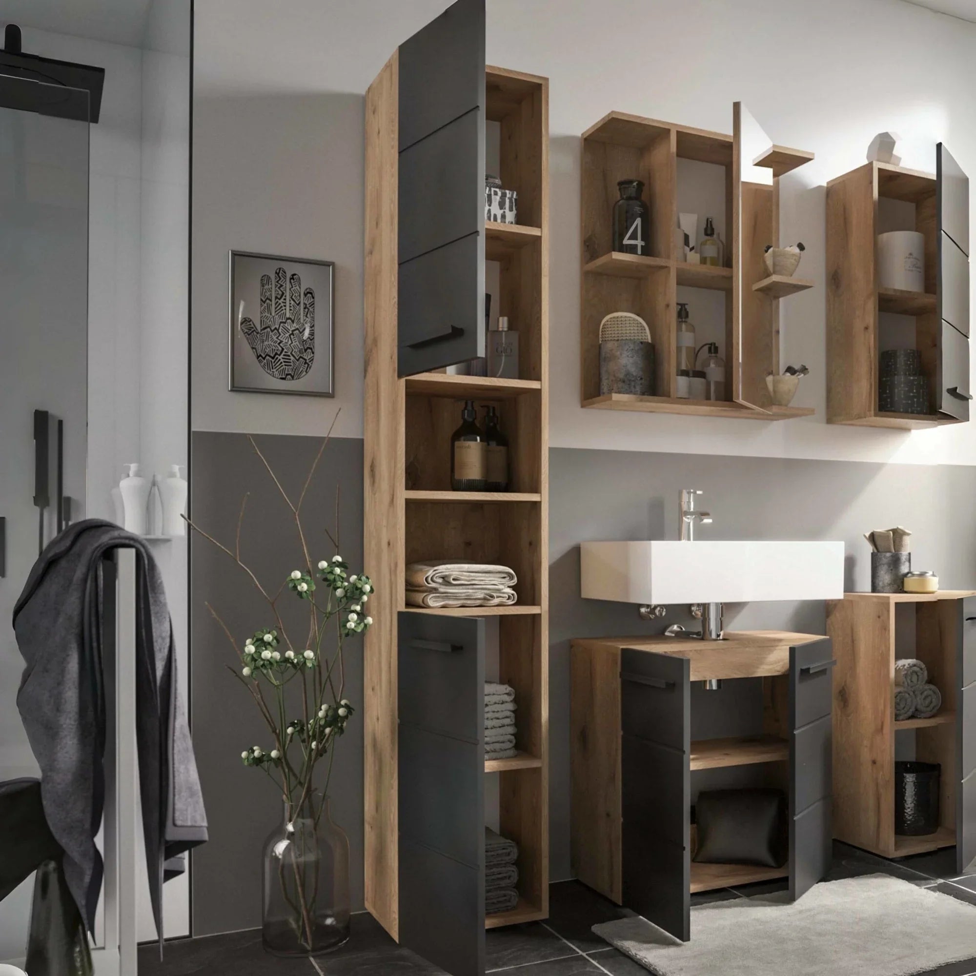Modern bathroom furniture set with wood and matte black cabinets, wall shelves, and sink unit