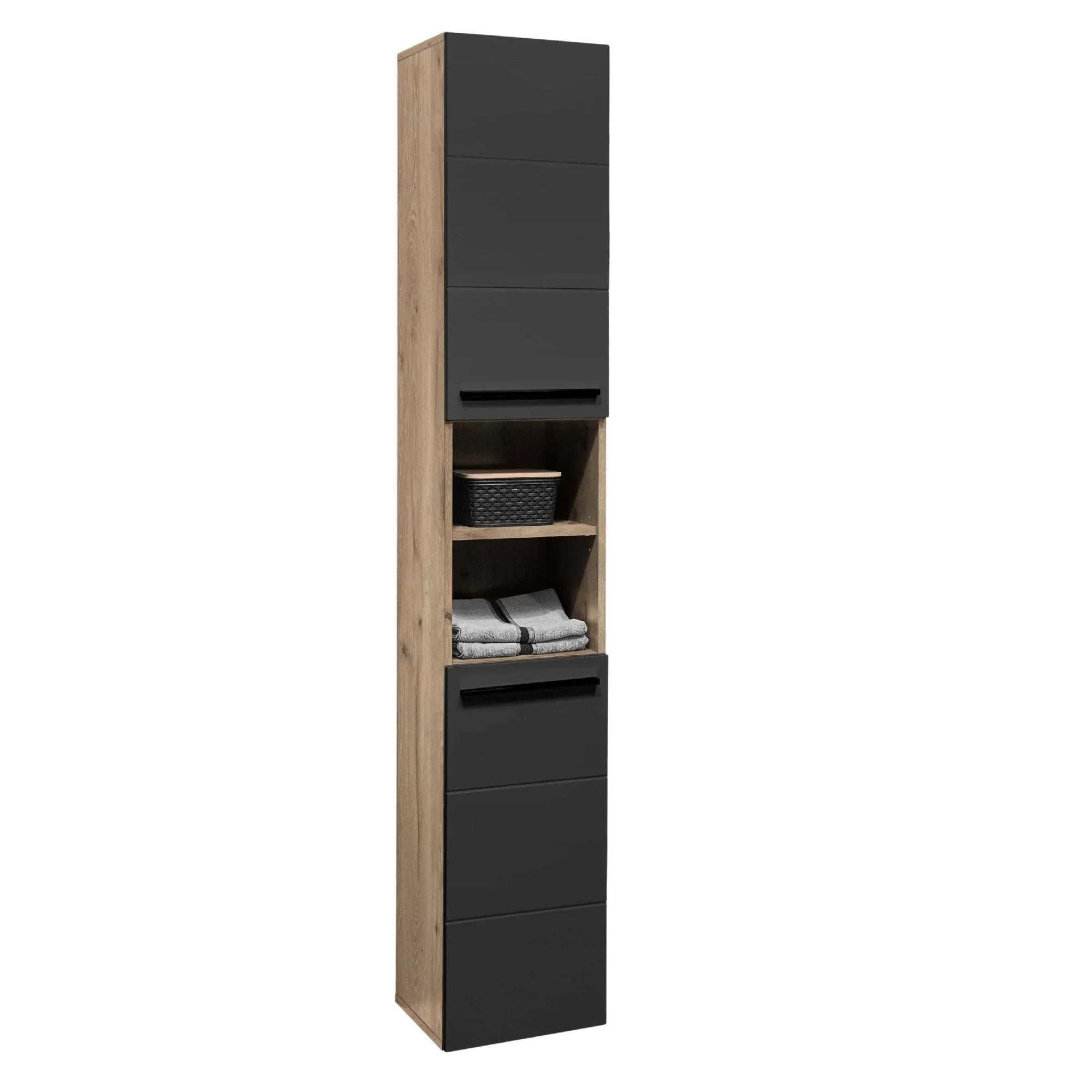 Tall black and oak storage cabinet with shelves holding towels and basket