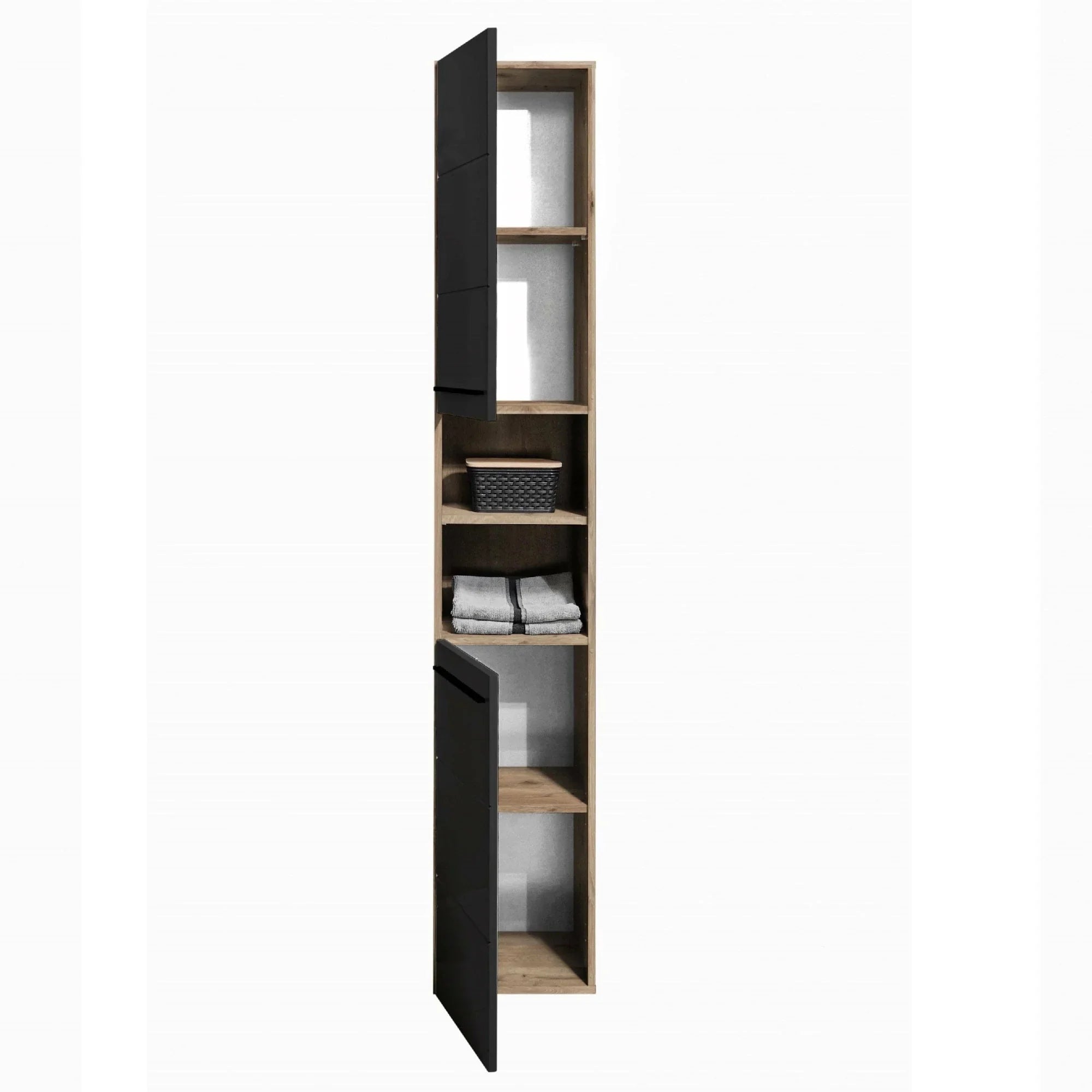 Tall narrow storage cabinet with black doors, open shelves, basket and folded towels