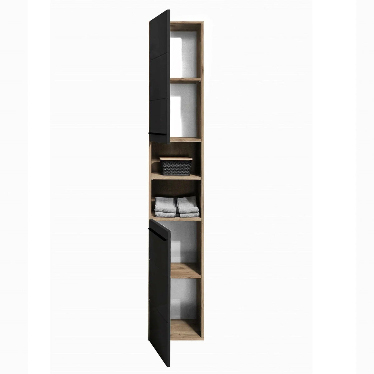 Tall narrow storage cabinet with black doors, open shelves, basket and folded towels