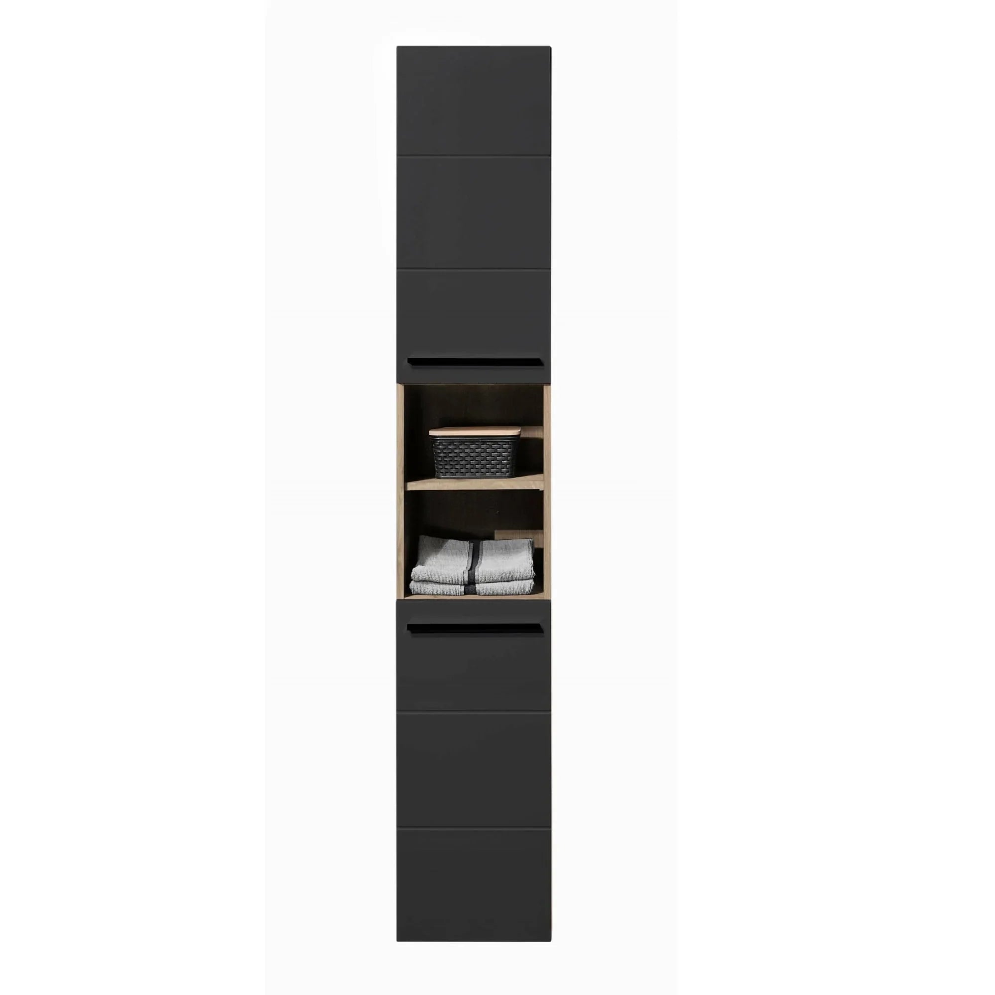 Tall black storage cabinet with open oak shelves holding a basket and folded towels